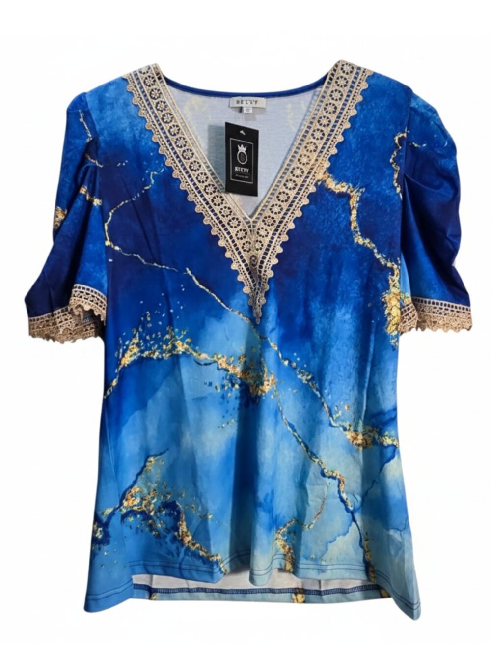 NWT | ETCYY Blue & Gold Marble Print Top | Crochet Lace V-Neck | Size Large
